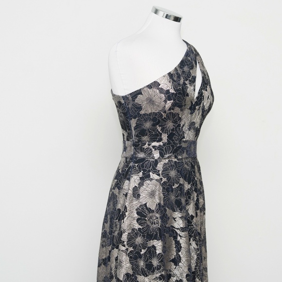 Betsy & Adam - Gwen Long One Shoulder Wrap Foil Flower Dress - Picture 12 of 12